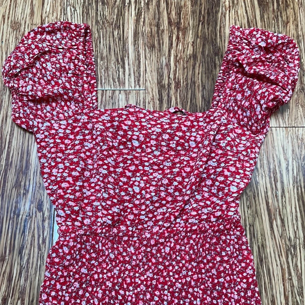 Sim & Sam red floral smocked bodycon lace up dress size XS - Picture 3 of 6